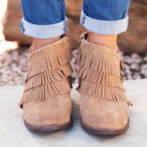 LAST 1!Fringe Bohemian Vegan Suede Tan Ankle Boots - Picture 4 of 12